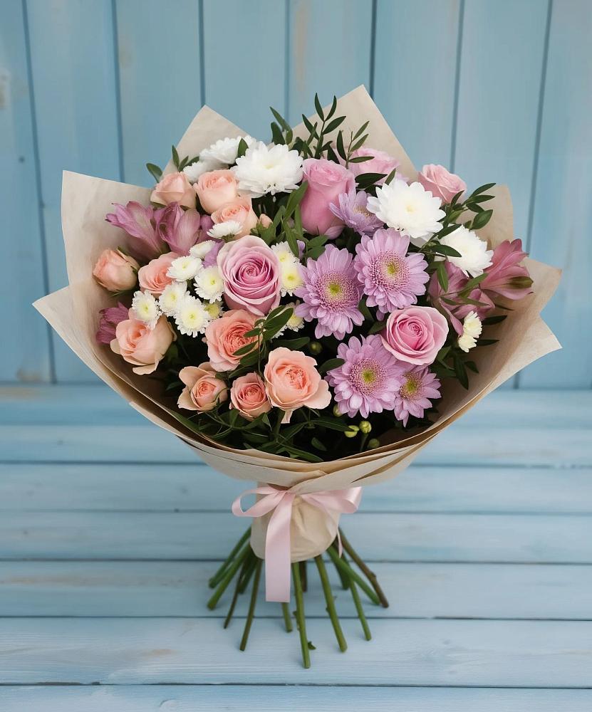 Букет цветов из: Хризантемы, Розы и Альстромерии в Плесецке